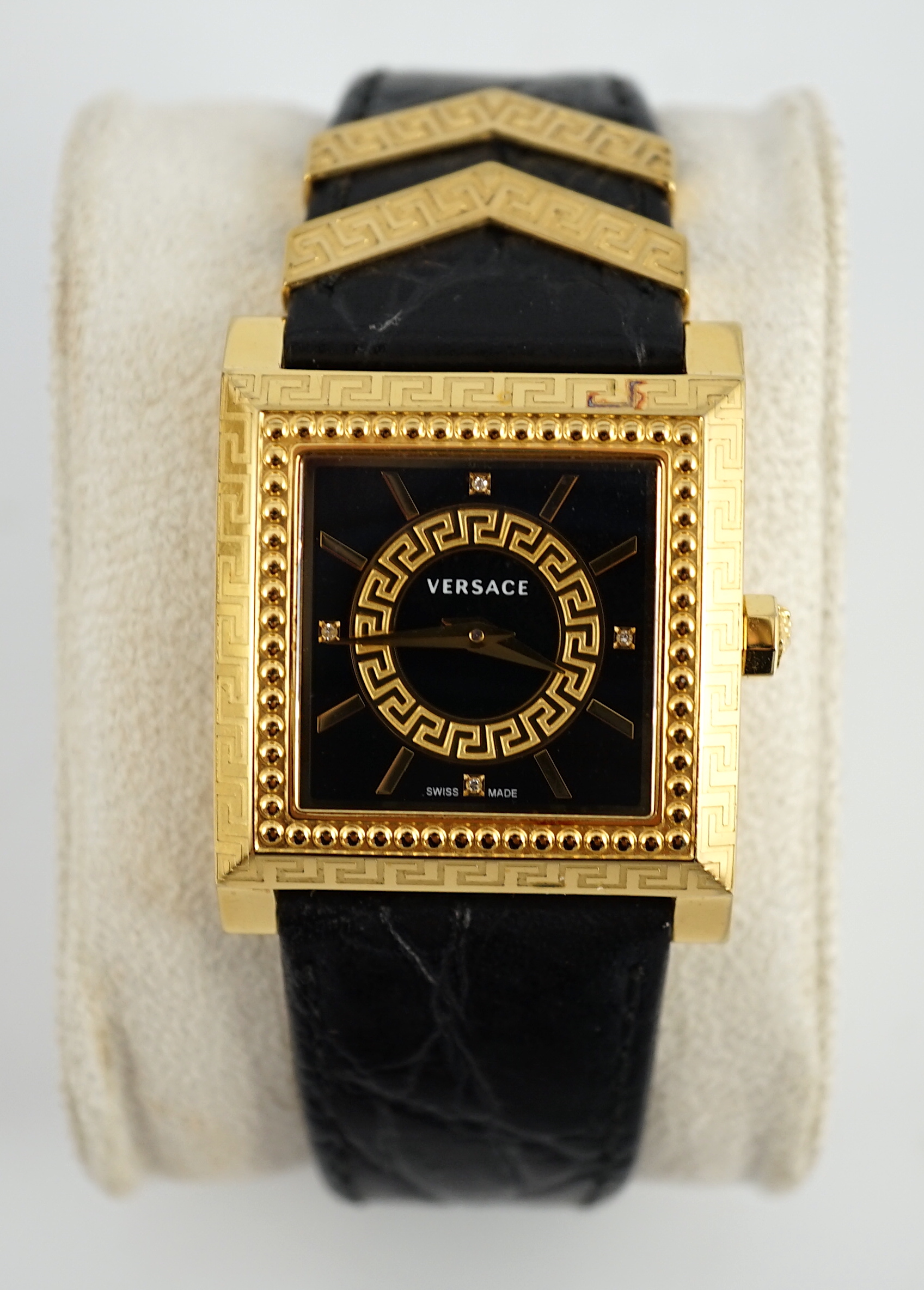 A Versace black yellow gold plated stainless steel and diamond VD25 wristwatch, case diameter 30mm, bracelet size 18cm